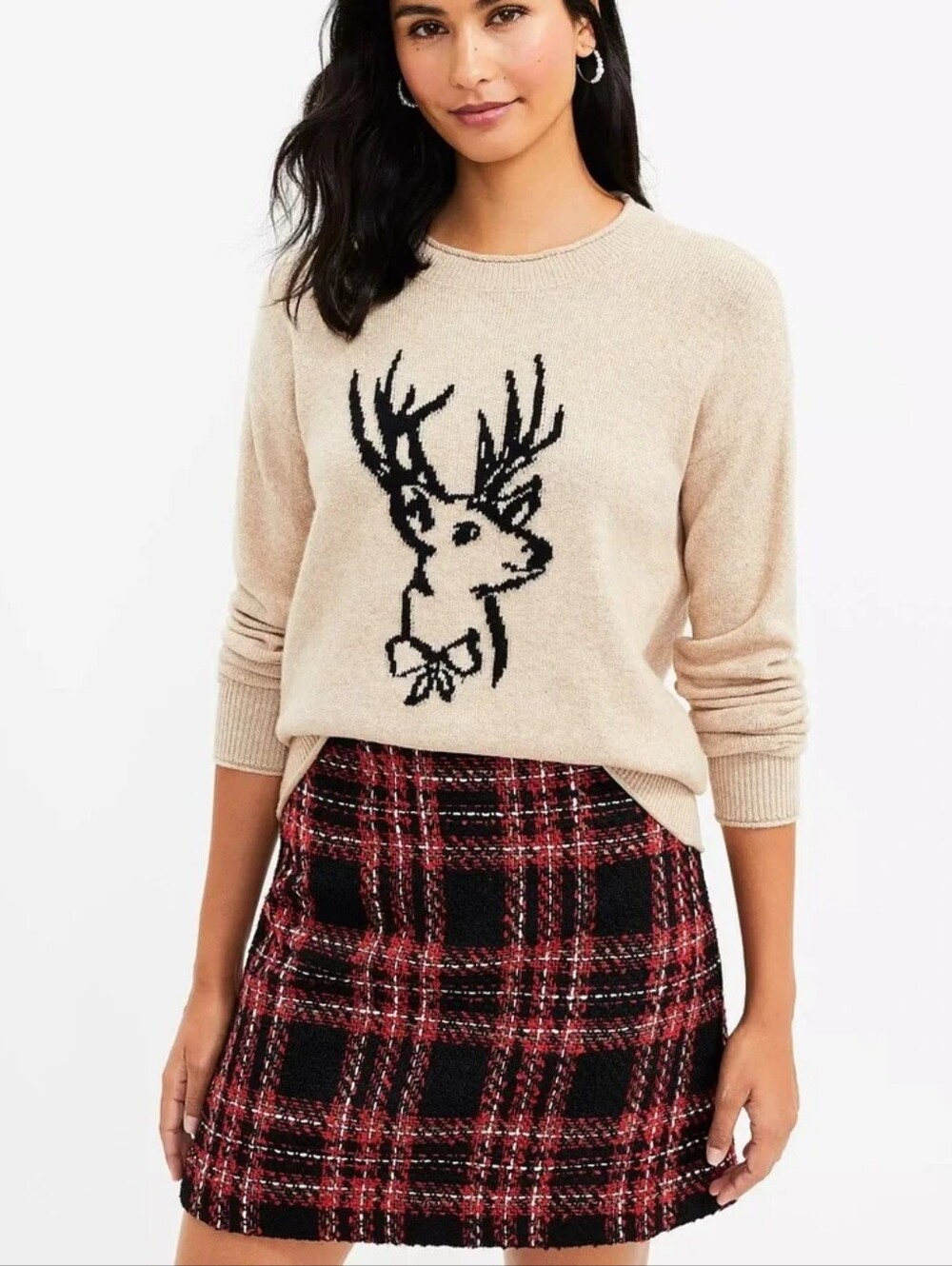 Loft Beige Tan Reindeer Knit Sweater - Women's Holiday Winter Cozy Crewneck